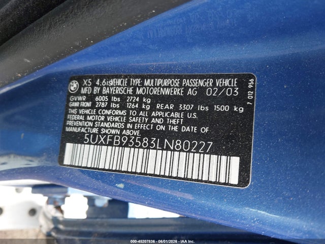 45207836 :رقم المزاد ، 5UXFB93583LN80227 vin ، 2003 Bmw X5 4.6is مزاد بيع