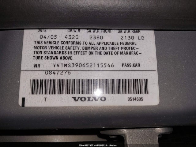 2005 Volvo S40 2.4i მანქანა იყიდება აუქციონზე, vin: YV1MS390652115546, აუქციონის ნომერი: 45207837