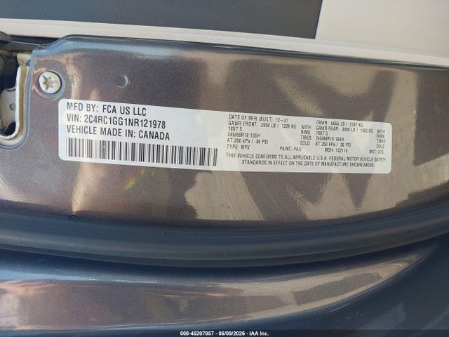 2022 Chrysler Pacifica Limited მანქანა იყიდება აუქციონზე, vin: 2C4RC1GG1NR121978, აუქციონის ნომერი: 45207857