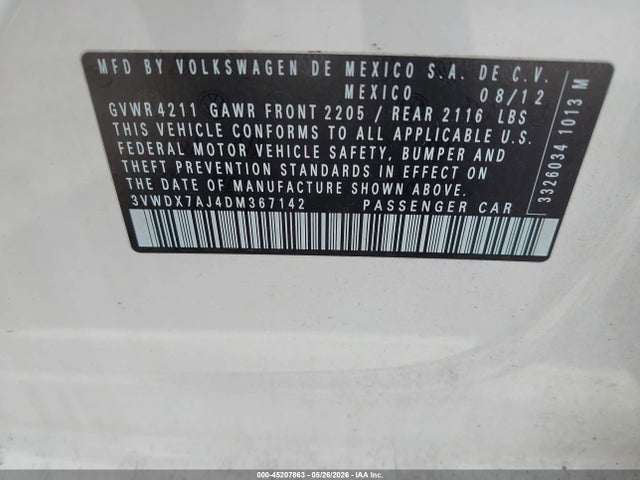 2013 Volkswagen Jetta 2.5l Se მანქანა იყიდება აუქციონზე, vin: 3VWDX7AJ4DM367142, აუქციონის ნომერი: 45207863