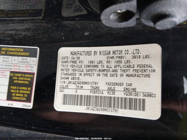 45207887 :رقم المزاد ، JN1AZ34D96M310791 vin ، 2006 Nissan 350z مزاد بيع