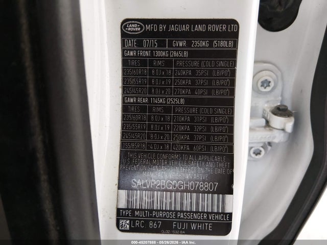 SALVP2BG0GH078807 Land Rover Range Rover Evoque Se/se Premium