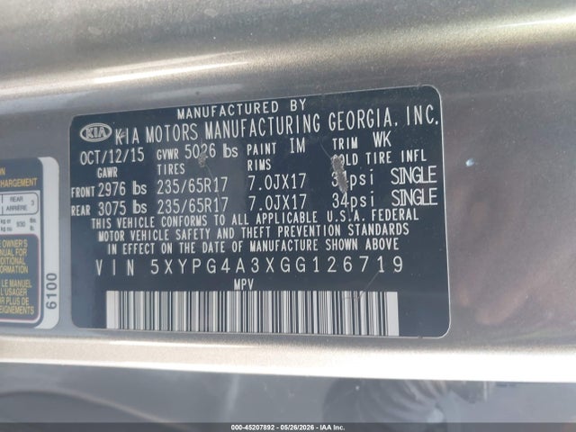 2016 Kia Sorento 2.4l Lx მანქანა იყიდება აუქციონზე, vin: 5XYPG4A3XGG126719, აუქციონის ნომერი: 45207892
