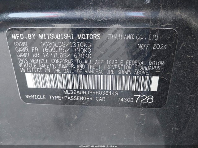 Aukcja sprzedaży 2024 Mitsubishi Mirage Le, vin: ML32AUHJ9RH038449, numer aukcji: 45207898