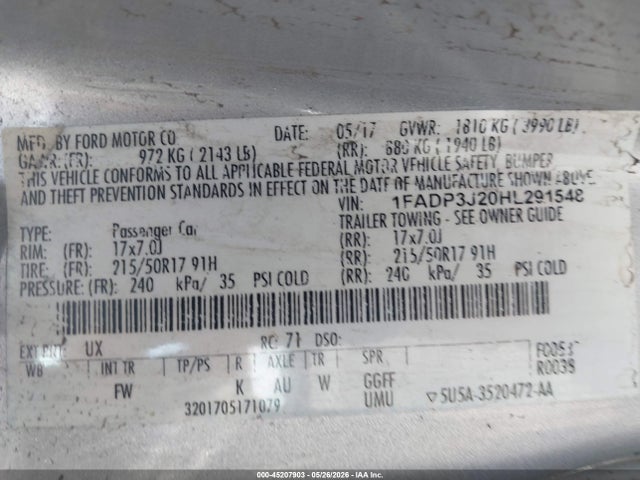 45207903 :رقم المزاد ، 1FADP3J20HL291548 vin ، 2017 Ford Focus Titanium مزاد بيع