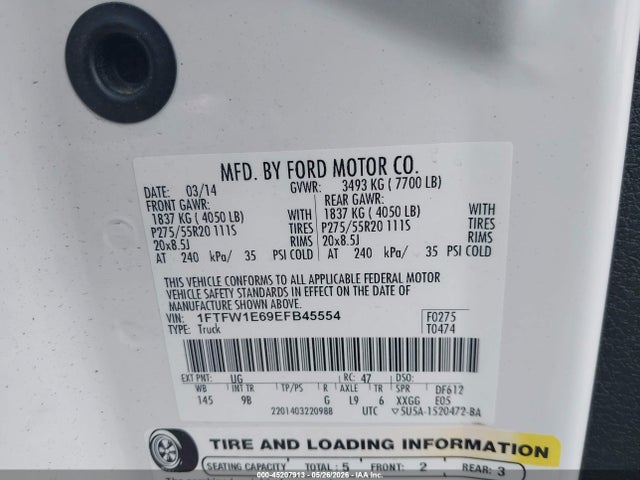 Продаж на аукціоні авто 2014 Ford F-150 Platinum, vin: 1FTFW1E69EFB45554, номер лоту: 45207913