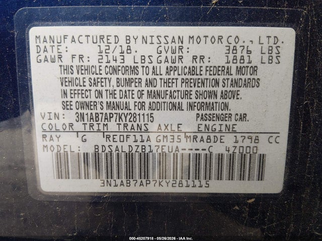 Aukcja sprzedaży 2019 Nissan Sentra Sv, vin: 3N1AB7AP7KY281115, numer aukcji: 45207918