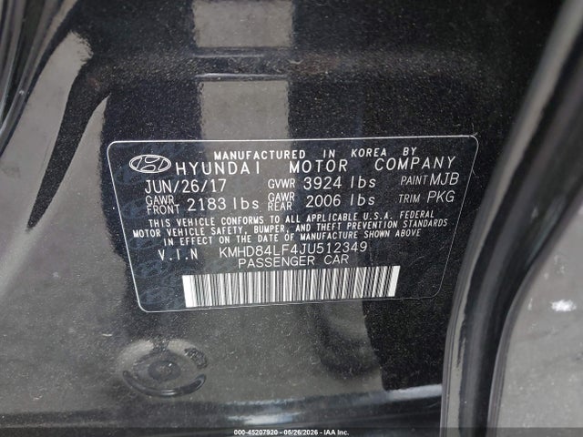 45207920 :رقم المزاد ، KMHD84LF4JU512349 vin ، 2018 Hyundai Elantra Sel مزاد بيع