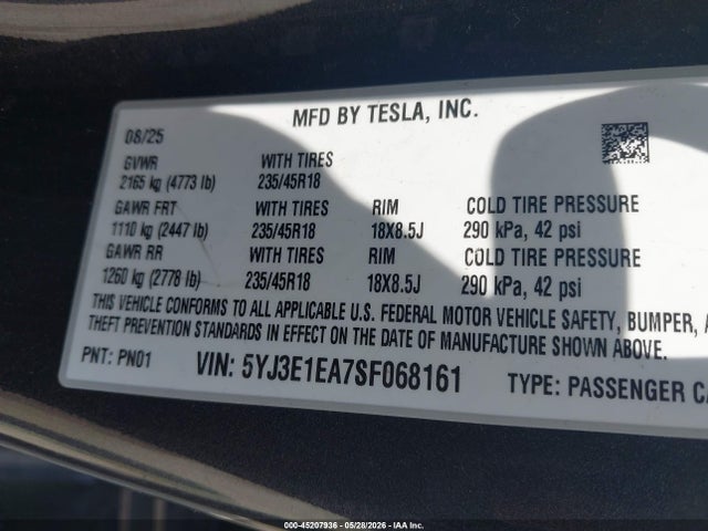 Tesla MODEL 3 2025 5YJ3E1EA7SF068161 Image 9
