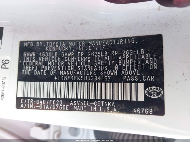 Aukcja sprzedaży 2017 Toyota Camry Le, vin: 4T1BF1FK5HU384167, numer aukcji: 45207941