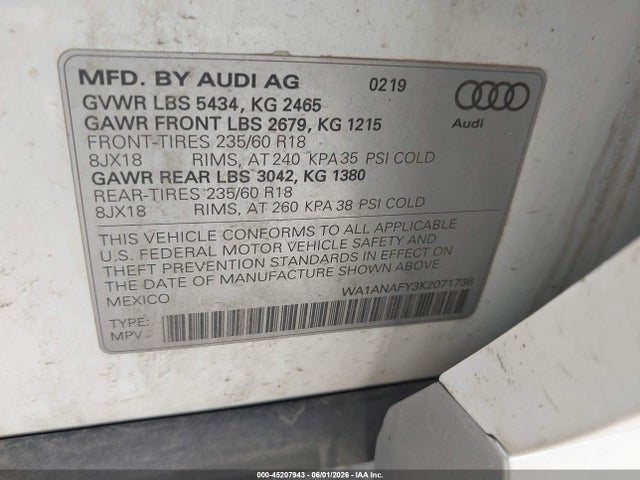 Aukcja sprzedaży 2019 Audi Q5 45 Premium, vin: WA1ANAFY3K2071736, numer aukcji: 45207943
