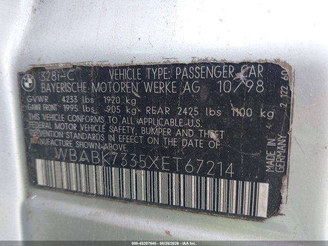 Продажа на аукционе авто 1999 Bmw 328ic, vin: WBABK7335XET67214, номер лота: 45207945