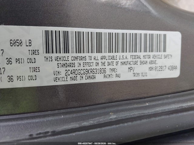 Продажа на аукционе авто 2019 Dodge Grand Caravan Sxt, vin: 2C4RDGCG9KR631836, номер лота: 45207947