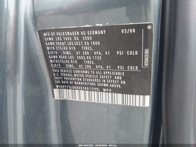 Aukcja sprzedaży 2006 Volkswagen Touareg V10 Tdi, vin: WVGPT77L06D057651, numer aukcji: 45207953