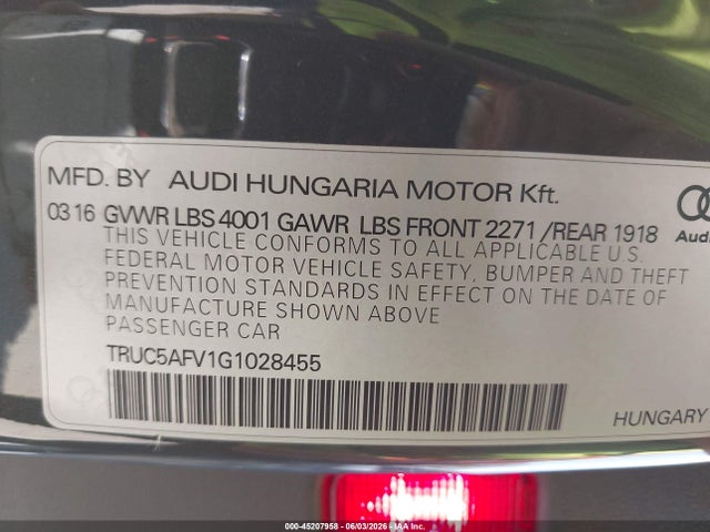 Aukcja sprzedaży 2016 Audi Tt 2.0t, vin: TRUC5AFV1G1028455, numer aukcji: 45207958