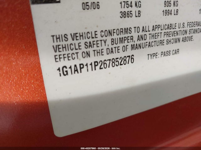 Продаж на аукціоні авто 2006 Chevrolet Cobalt Ss Supercharged, vin: 1G1AP11P267852876, номер лоту: 45207960