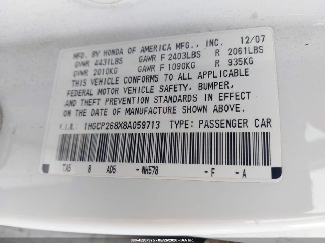 2008 Honda Accord 2.4 Ex-l მანქანა იყიდება აუქციონზე, vin: 1HGCP268X8A059713, აუქციონის ნომერი: 45207975