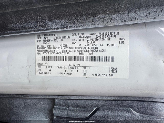 2021 Ford Transit-150 მანქანა იყიდება აუქციონზე, vin: 1FTYE1Y83MKA02436, აუქციონის ნომერი: 45208030