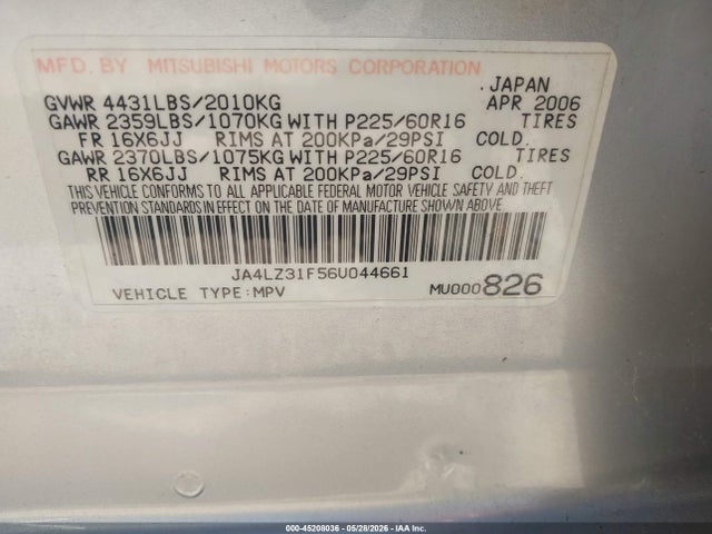 Продаж на аукціоні авто 2006 Mitsubishi Outlander Ls, vin: JA4LZ31F56U044661, номер лоту: 45208036