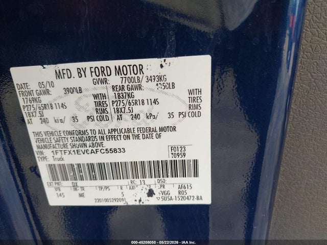 45208050 :رقم المزاد ، 1FTFX1EV6AFC55833 vin ، 2010 Ford F-150 Fx4/lariat/xl/xlt مزاد بيع