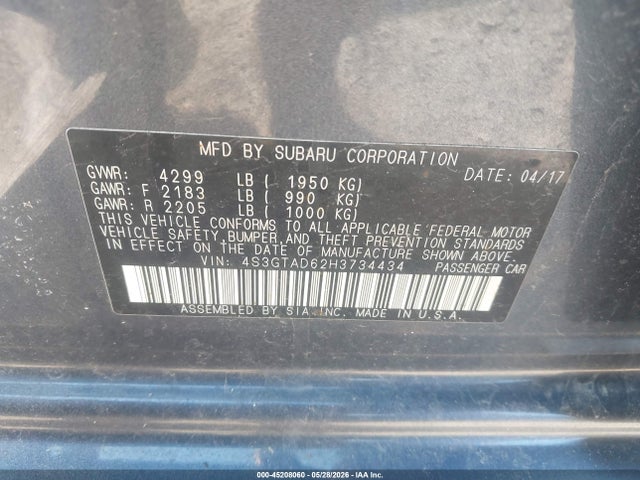 2017 Subaru Impreza 2.0i Premium მანქანა იყიდება აუქციონზე, vin: 4S3GTAD62H3734434, აუქციონის ნომერი: 45208060
