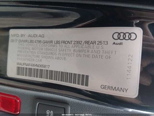 2017 Audi A4 2.0t Premium მანქანა იყიდება აუქციონზე, vin: WAUFNAF4XHN065817, აუქციონის ნომერი: 45208073