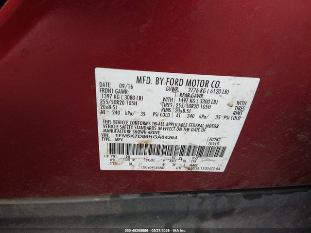 Aukcja sprzedaży 2017 Ford Explorer Xlt, vin: 1FM5K7D86HGA84364, numer aukcji: 45208086