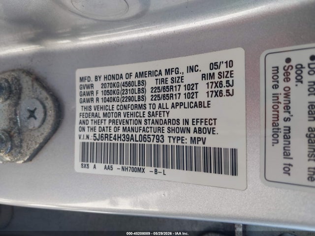 2010 Honda Cr-v Lx მანქანა იყიდება აუქციონზე, vin: 5J6RE4H39AL065793, აუქციონის ნომერი: 45208089