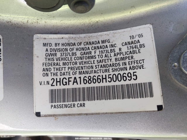 2006 Honda Civic Ex მანქანა იყიდება აუქციონზე, vin: 2HGFA16866H500695, აუქციონის ნომერი: 45208099