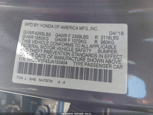 Honda ACCORD EX 2018 1HGCV1F43JA153404 Image 9