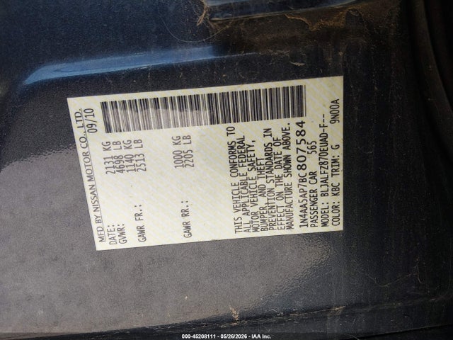Aukcja sprzedaży 2011 Nissan Maxima 3.5 Sv, vin: 1N4AA5AP7BC807584, numer aukcji: 45208111