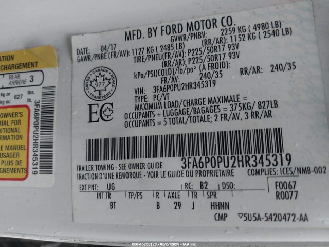 2017 Ford Fusion Energi Se Luxury მანქანა იყიდება აუქციონზე, vin: 3FA6P0PU2HR345319, აუქციონის ნომერი: 45208120