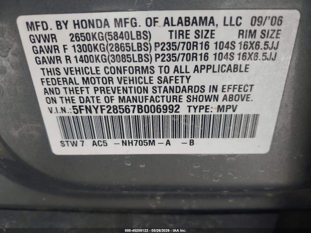 2007 Honda Pilot Ex-l მანქანა იყიდება აუქციონზე, vin: 5FNYF28567B006992, აუქციონის ნომერი: 45208122
