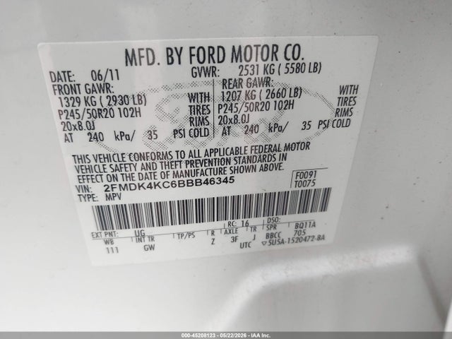 45208123 :رقم المزاد ، 2FMDK4KC6BBB46345 vin ، 2011 Ford Edge Limited مزاد بيع