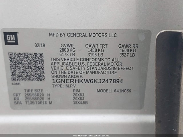 45208134 :رقم المزاد ، 1GNERHKW6KJ247894 vin ، 2019 Chevrolet Traverse 3lt مزاد بيع