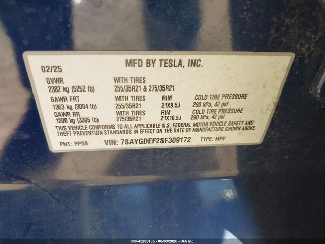 Продаж на аукціоні авто 2025 Tesla Model Y Performance Dual Motor All-wheel Drive, vin: 7SAYGDEF2SF309172, номер лоту: 45208135