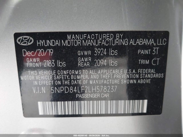 Aukcja sprzedaży 2020 Hyundai Elantra Sel, vin: 5NPD84LF2LH578237, numer aukcji: 45208140
