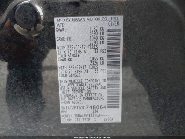 Aukcja sprzedaży 2018 Nissan Rogue S, vin: 5N1AT2MT6JC748064, numer aukcji: 45208146