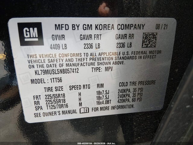 Aukcja sprzedaży 2022 Chevrolet Trailblazer Awd Rs, vin: KL79MUSL5NB057412, numer aukcji: 45208154