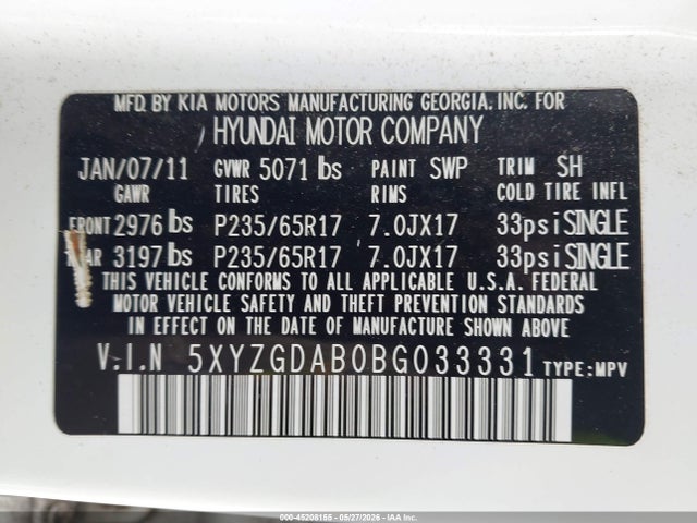 Продажа на аукционе авто 2011 Hyundai Santa Fe Gls, vin: 5XYZGDAB0BG033331, номер лота: 45208155