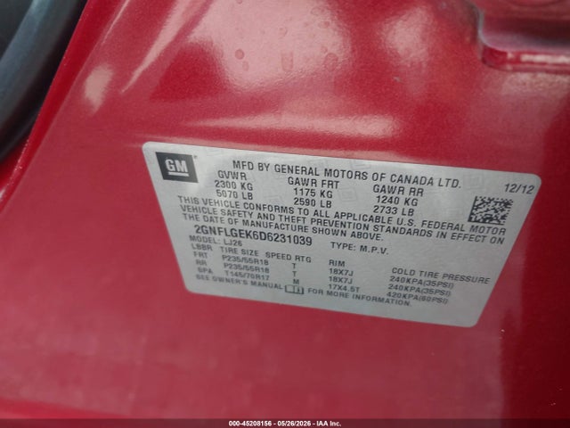 Продаж на аукціоні авто 2013 Chevrolet Equinox Ltz, vin: 2GNFLGEK6D6231039, номер лоту: 45208156