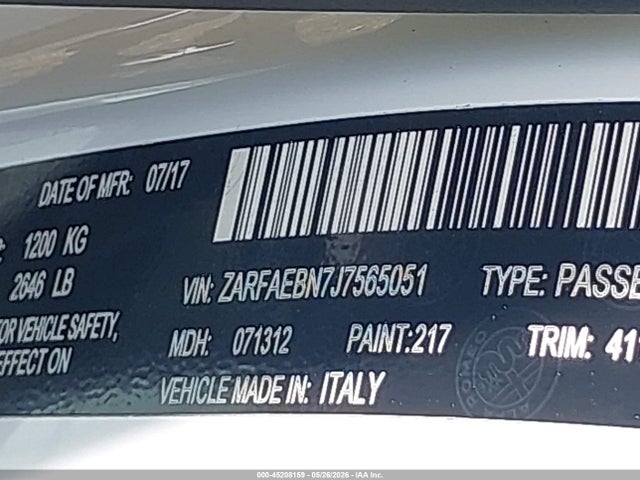 2018 Alfa Romeo Giulia Rwd მანქანა იყიდება აუქციონზე, vin: ZARFAEBN7J7565051, აუქციონის ნომერი: 45208159
