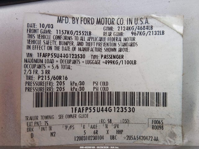 Aukcja sprzedaży 2004 Ford Taurus Ses, vin: 1FAFP55U44G123530, numer aukcji: 45208169