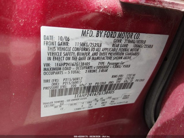 Продаж на аукціоні авто 2007 Ford Five Hundred Sel, vin: 1FAHP24167G138405, номер лоту: 45208170