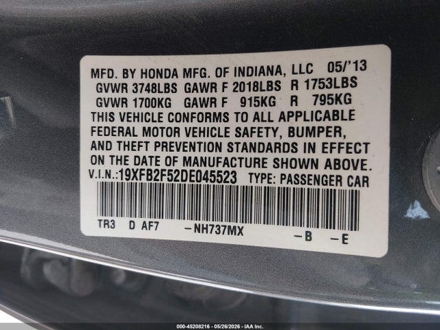 45208216 :رقم المزاد ، 19XFB2F52DE045523 vin ، 2013 Honda Civic Lx مزاد بيع