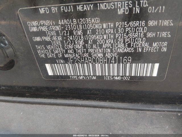 2011 Subaru Forester 2.5x მანქანა იყიდება აუქციონზე, vin: JF2SHABC0BH741169, აუქციონის ნომერი: 45208218