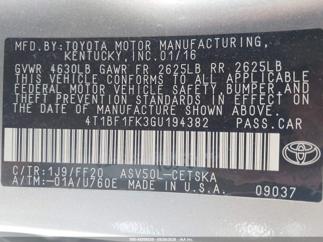 45208220 :رقم المزاد ، 4T1BF1FK3GU194382 vin ، 2016 Toyota Camry Se مزاد بيع