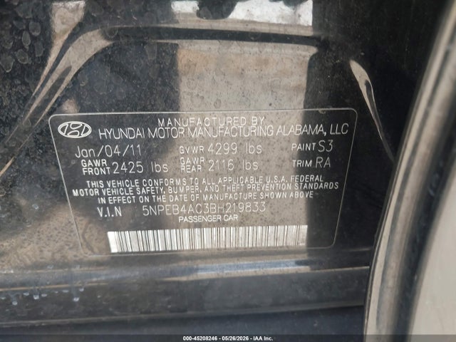 Продаж на аукціоні авто 2011 Hyundai Sonata Gls, vin: 5NPEB4AC3BH219833, номер лоту: 45208246
