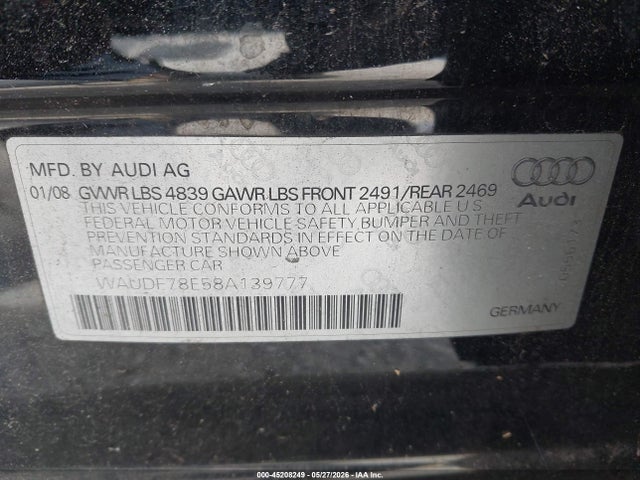 2008 Audi A4 2.0t/2.0t Special Edition მანქანა იყიდება აუქციონზე, vin: WAUDF78E58A139777, აუქციონის ნომერი: 45208249