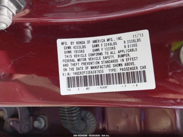 Aukcja sprzedaży 2014 Honda Accord Lx, vin: 1HGCR2F30EA087935, numer aukcji: 45208266